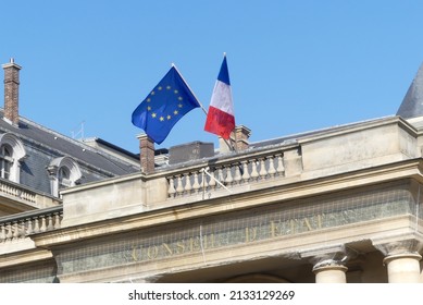 Paris, France. March 6. 2022. French public institution that advises the government, located rue Saint Honoré. French and European flag above. Building of the French State Council.