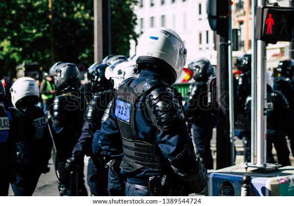 Paris France May 04, 2019 View of a riot squad
of the French National Police in intervention during protests of
the Yellow Jackets against the policy of President Macron in Paris
on saturday afternoon