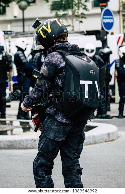 Paris France May 04, 2019 View of
press journalist covering protests of the Yellow Jackets against
the policy of President Macron in Paris on saturday
afternoon