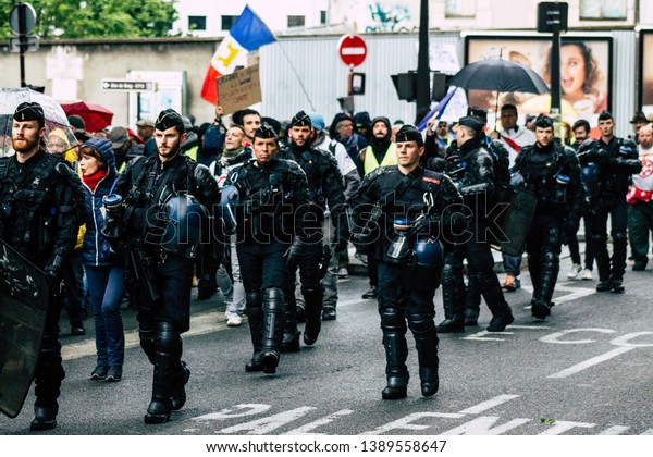 Paris France May 04, 2019 View of a riot squad of the\
French National police in intervention during protests of the\
Yellow Jackets against the policy of President Macron in Paris on\
saturday 