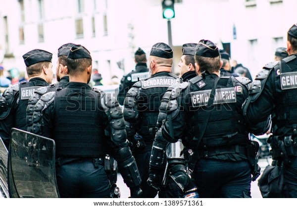 Paris France May 04, 2019 View of a riot squad
of the French National Police in intervention during protests of
the Yellow Jackets against the policy of President Macron in Paris
on saturday afternoon