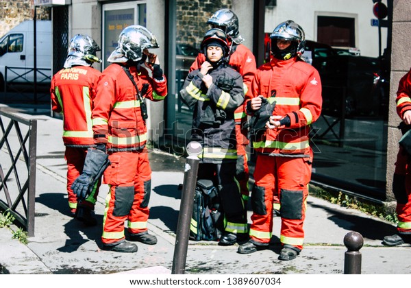 Paris\
France May 04, 2019 View of a French firefighters walking in the\
street during protests of the Yellow jackets against the policy of\
President Macron in Paris on saturday\
afternoon
