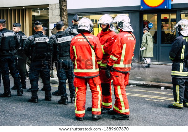 Paris
France May 04, 2019 View of a French firefighters walking in the
street during protests of the Yellow jackets against the policy of
President Macron in Paris on saturday
afternoon