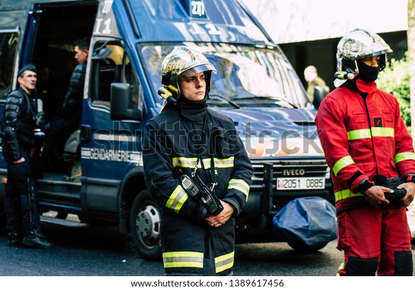 Paris\
France May 04, 2019 View of a French firefighters walking in the\
street during protests of the Yellow jackets against the policy of\
President Macron in Paris on saturday\
afternoon