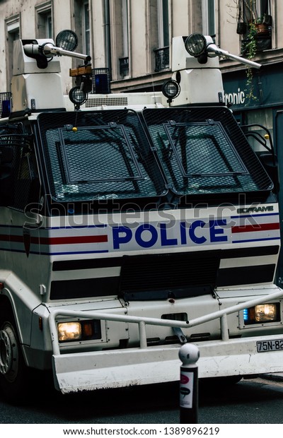 Paris France May 04, 2019 View of cars of the\
French National Police in intervention during protests of the\
Yellow Jackets against the policy of President Macron in Paris on\
saturday afternoon