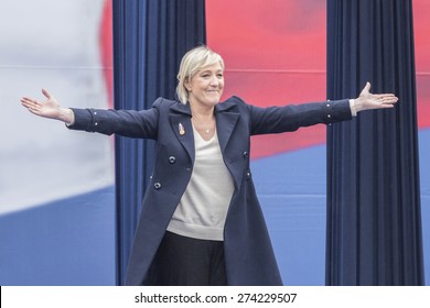 PARIS, FRANCE - MAY 1, 2015 : Marine le Pen from Front National during her speech for the may 1 parade