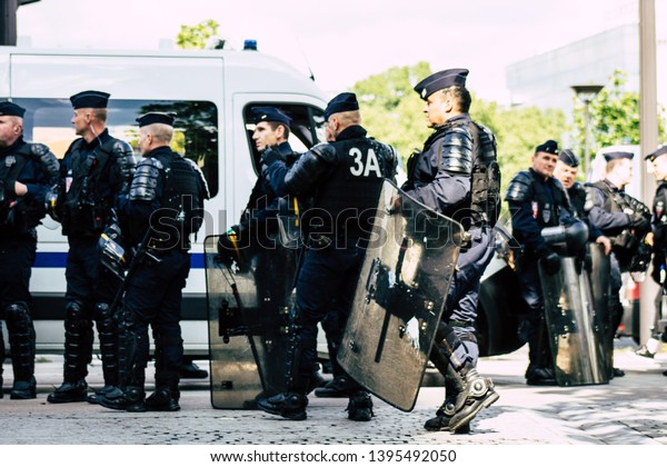 Paris France May 11, 2019 View of a riot squad
of the French National Police in intervention during protests of
the Yellow Jackets against the policy of President Macron in Paris
on saturday afternoon