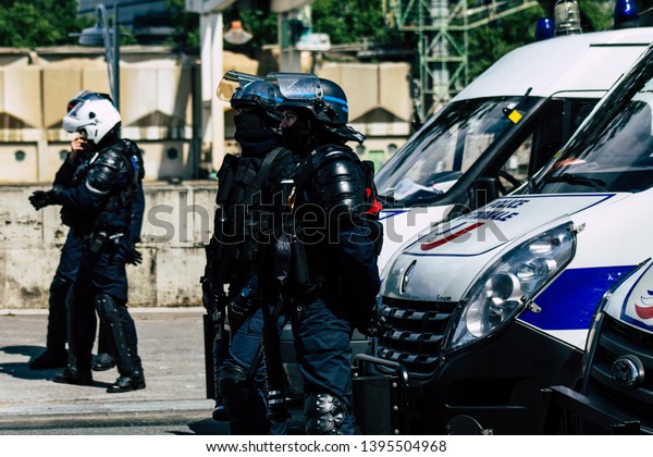 Paris France May 11, 2019 View of a riot squad
of the French National Police in intervention during protests of
the Yellow Jackets against the policy of President Macron in Paris
on saturday afternoon