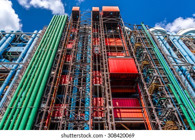 PARIS, FRANCE - MAY 13, 2014: Communications and Ventilation pipes outside the Centre Georges Pompidou. Centre Georges Pompidou (1977) was designed in style of high-tech architecture.