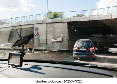 Paris, France - May 14, 2014: Driver POV Point Of View Personal Perspective At The Traffic Jam Front Driving Cars Entering Paris Peripherique Ring Road Highway