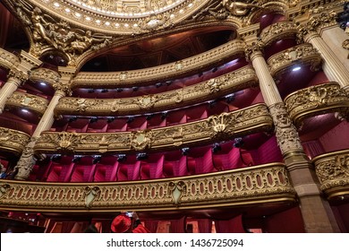 Paris, France - May 14, 2019 Palais Garnier - Paris Opera House - Auditorium Interior Architecture And Decoration. Balcony Details. 