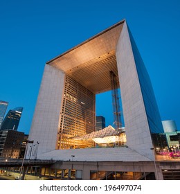 PARIS, FRANCE - MAY 18, 2014: Night view of La Grande Arche. The Arche is in the approximate shape of a cube (110mt) and was inaugurated in July 1989, for the bicentennial of the French revolution.