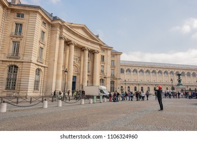 Paris / France - May 18, 2018: A Man Takes A Photo Of One Of The Historic Buildings Now Housing The Sorbonne University In The Montparnasse Neighborhood, Next To The Pantheon.