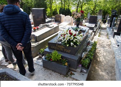 PARIS, FRANCE - MAY 2, 2017: Edith Piaf 's Grave In The Pere Lachaise Cemetery. 