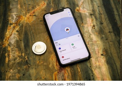 Paris, France - May 2, 2021: Test After Setup AirTag On The IPhone Find My App For Car Keys - Display Showing Map Of Object - Helps People Keep Track Of Belongings