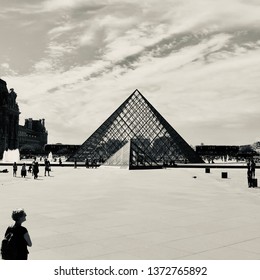 Paris, France - May 2018: Glass Pyramid At The Louvre Gallery.