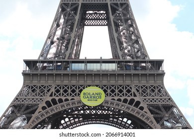 Paris, France - May, 2018: Roland Garros Logo On The Eiffel Tower