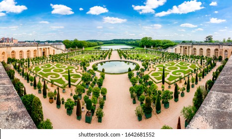 Paris, France - May 2019: Versailles formal park (Orangery) panorama in spring