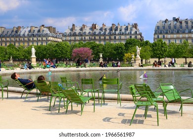 Paris, France - May 2021: Relaxing Time In A Park In Paris