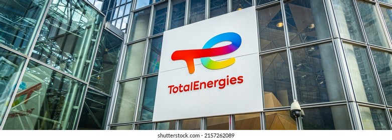 Paris, France - May 2022 : Total Energies logo on the front of the headquarters building of the French company in La Défense, Paris