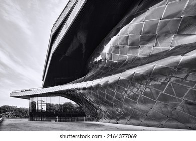 Paris, France - May, 2022: View Of Paris Philharmonic (Philharmonie De Paris) And Facade Details In Parc De La Villette. Designed By Jean Nouvel. Complex Is A Unique Architectural And Cultural Center.