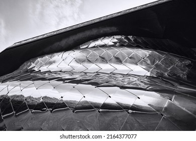 Paris, France - May, 2022: View Of Paris Philharmonic (Philharmonie De Paris) And Facade Details In Parc De La Villette. Designed By Jean Nouvel. Complex Is A Unique Architectural And Cultural Center.