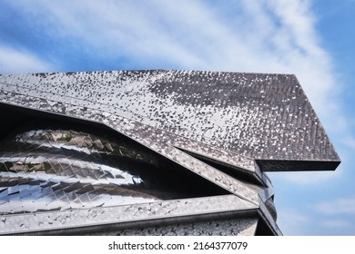 Paris, France - May, 2022: View Of Paris Philharmonic (Philharmonie De Paris) And Facade Details In Parc De La Villette. Designed By Jean Nouvel. Complex Is A Unique Architectural And Cultural Center.