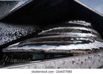 Paris, France - May, 2022: View Of Paris Philharmonic (Philharmonie De Paris) And Facade Details In Parc De La Villette. Designed By Jean Nouvel. Complex Is A Unique Architectural And Cultural Center.