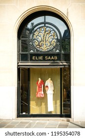 PARIS, FRANCE - MAY 21, 2016: Ellie Saab Haute Couture Luxury Fashion Store Facade In Central Paris With Elegant Dress And Costume - French Elegance Haute-couture