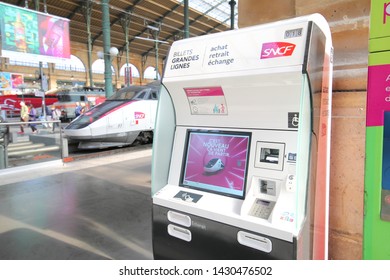 PARIS FRANCE - MAY 21, 2019: Gare Du Nord Train Station Ticket Vending Machine Paris France