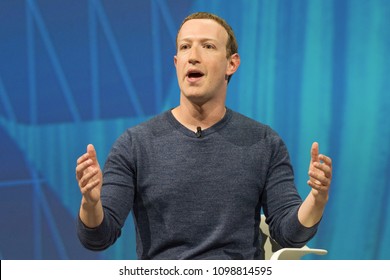 PARIS, FRANCE - MAY 24, 2018 : Facebook CEO Mark Zuckerberg in Press conference at VIVA Technology (Vivatech) the world's rendezvous for startup and leaders.