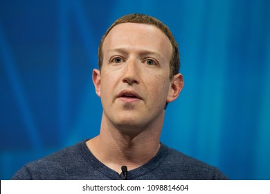 PARIS, FRANCE - MAY 24, 2018 : Facebook CEO Mark Zuckerberg in Press conference at VIVA Technology (Vivatech) the world's rendezvous for startup and leaders.