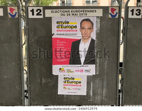 Paris, France - May 25 2019: Political billboard for\
Envie d\'Europe, the Parti Socialiste list for European Parliament\
Elections 2019