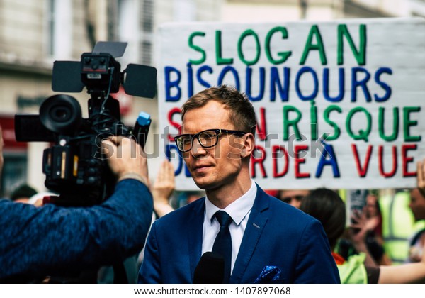 Paris France May 25, 2019 Portrait of\
Yellow Jackets protesters marching against the policy of President\
Macron in the streets of Paris on saturday\
afternoon