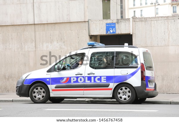 PARIS FRANCE - MAY 25, 2019: Police car parked in\
downtown Paris France