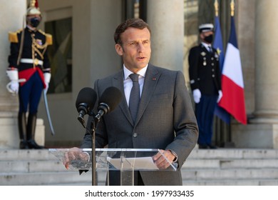 Paris, FRANCE - May 26th 2021: The french president Emmanuel Macron in press conference with the President of Germany in the courtyard of Elysée Palace.