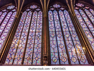 PARIS, FRANCE - MAY 28, 2016: Stained glasses of the Sainte-Chapelle in Paris, France. The Sainte-Chapelle is a royal chapel in the Gothic style in Paris, France.