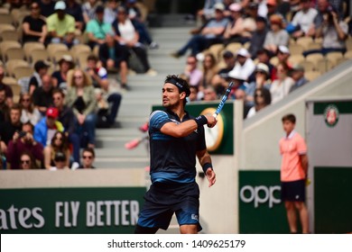 Paris, France - May 28 2019: Italian Fabio Fognini In First Round Action At Roland Garros Against Countryman Andreas Seppi On Court Simonne Mathieu