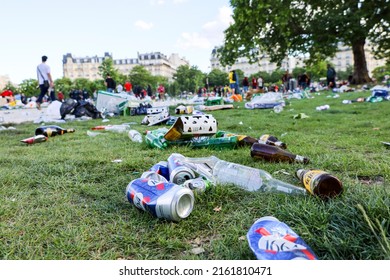 Paris, France , May 28 2022 , Absolute Mess Of Trashes And Empty Beer Cans An Bottles Spread All Over The Floor By The Liverpool Football Team Supporters During The Champions League Final In Paris