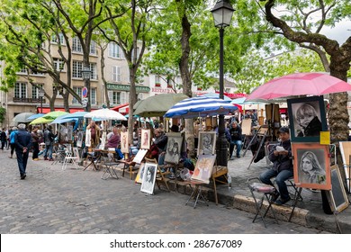 PARIS, FRANCE - May 28: Place Du Tertre In Montmartre With Street Artists Ready To Paint Tourists On May 28, 2015 In Paris, France