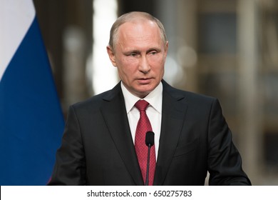 PARIS, FRANCE - MAY 29, 2017 : Vladimir Putin, the President of Russian Federation in press conference at the Palace of Versailles in the Battles gallery after a working visit with french President.