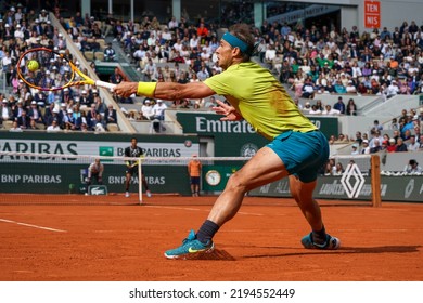 PARIS, FRANCE - MAY 29, 2022: Grand Slam Champion Rafael Nadal Of Spain In Action During His Round 4 Match Against Felix Auger Aliassime Of Canada At 2022 Roland Garros In Paris, France