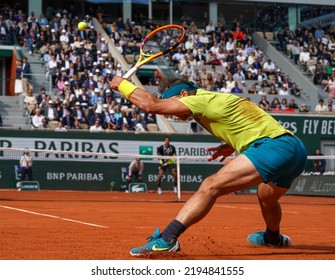 PARIS, FRANCE - MAY 29, 2022: Grand Slam Champion Rafael Nadal Of Spain In Action During His Round 4 Match Against Felix Auger Aliassime Of Canada At 2022 Roland Garros In Paris, France