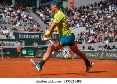 PARIS, FRANCE - MAY 29, 2022: Grand Slam Champion Rafael Nadal Of Spain In Action During His Round 4 Match Against Felix Auger Aliassime Of Canada At 2022 Roland Garros In Paris, France