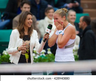 PARIS, FRANCE - MAY 29 : Shelby Rogers being interviewed after her fourth-round match  at the 2016 French Open