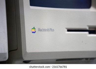 Paris, France - May 29th, 2022: Closeup old rainbow Apple logo on old Macintosh computer