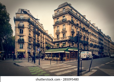 PARIS, FRANCE - MAY 9, 2014:  Quaint Retro Style Street Scene  Taken In Paris France. 