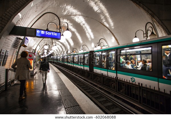 PARIS, FRANCE Paris Metro interior on SEPTEMBER\
30, 2016. It is the second-busiest subway system in Europe, after\
Moscow.