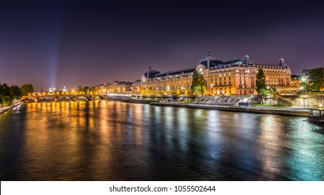 Paris, France. Night View Of The DOrsay Museum And The Seine River