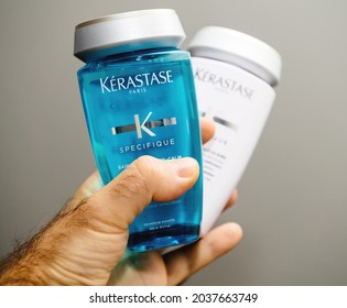 Paris, France - Nov 30, 2019: Male Pov Personal Perspective At New Kerastase Paris Specifique Luxury Shampoo